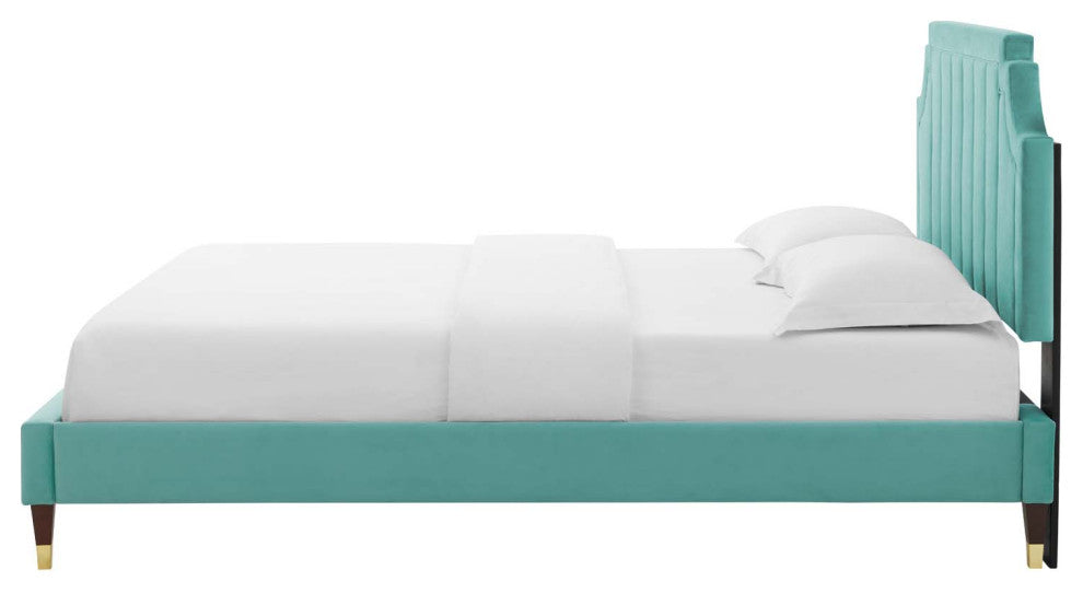 Platform Bed Frame, King Size, Velvet, Blue, Modern Contemporary, Bedroom Master