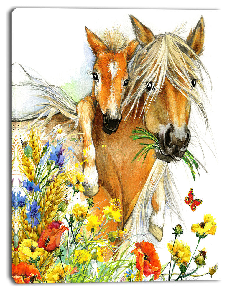 Horse and Foal with Flowers, Animal Canvas Art Print, 28"x60"