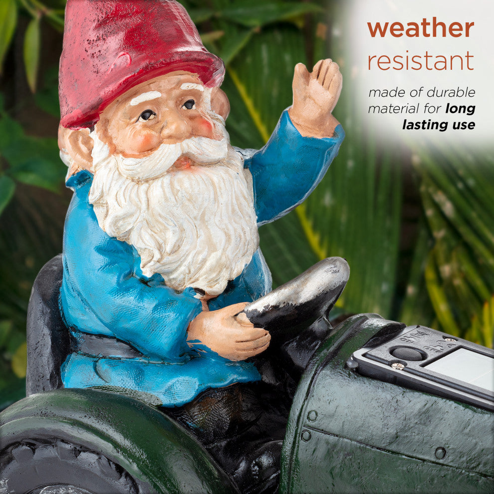 Solar Green Tractor Riding Gnome with Cool White LED Lights