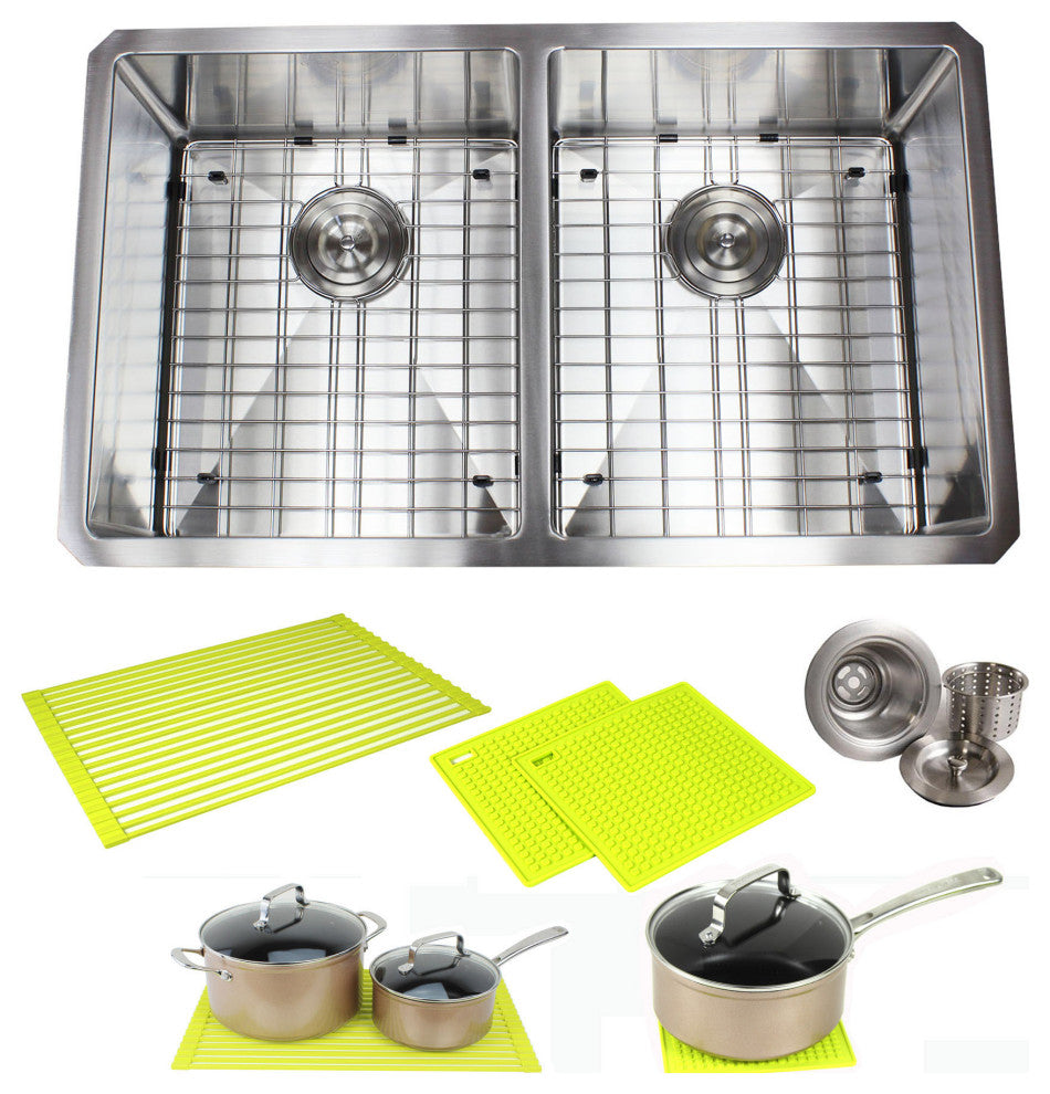 32" 16 Gauge Undermount Double Bowl Stainless Steel Sink Package