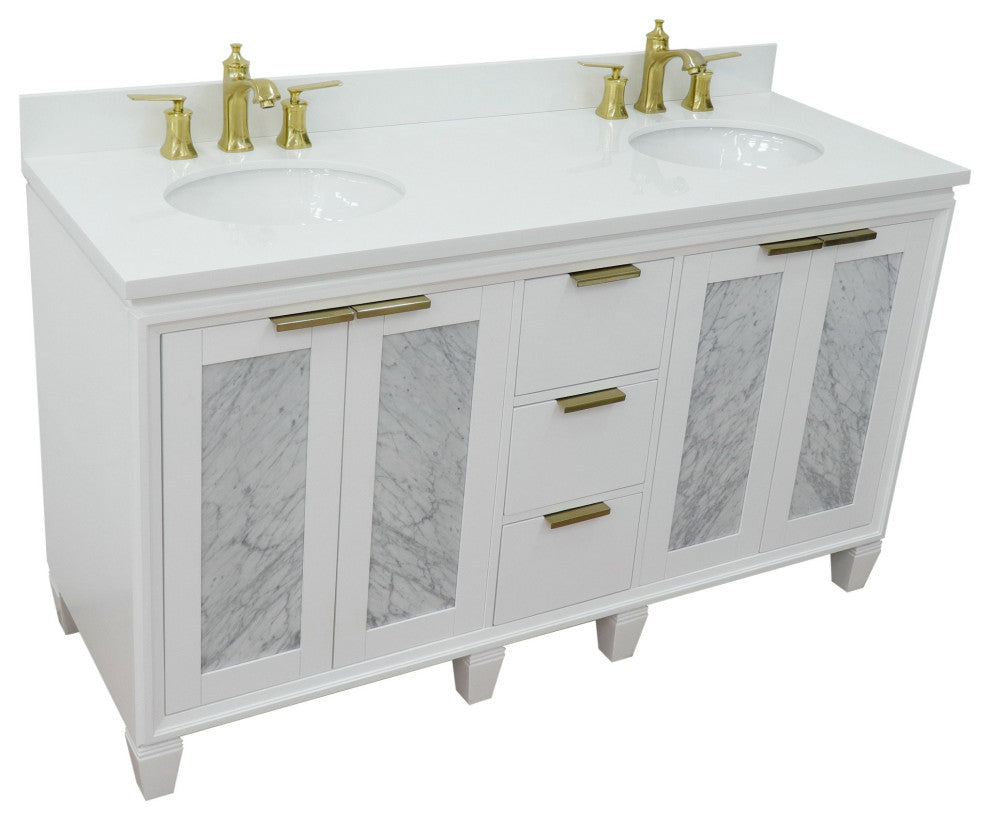 61" Double Sink Vanity, White Finish With Engineered Stone Top And Oval Sink