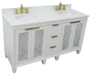 61" Double Sink Vanity, White Finish With Engineered Stone Top And Oval Sink