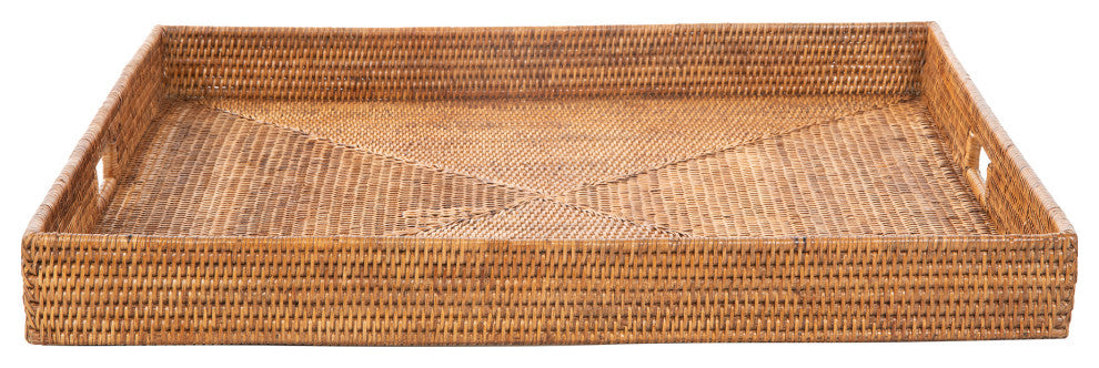 La Jolla Square Rattan Jumbo Sized Centerpiece and Ottoman Tray, Honey Brown