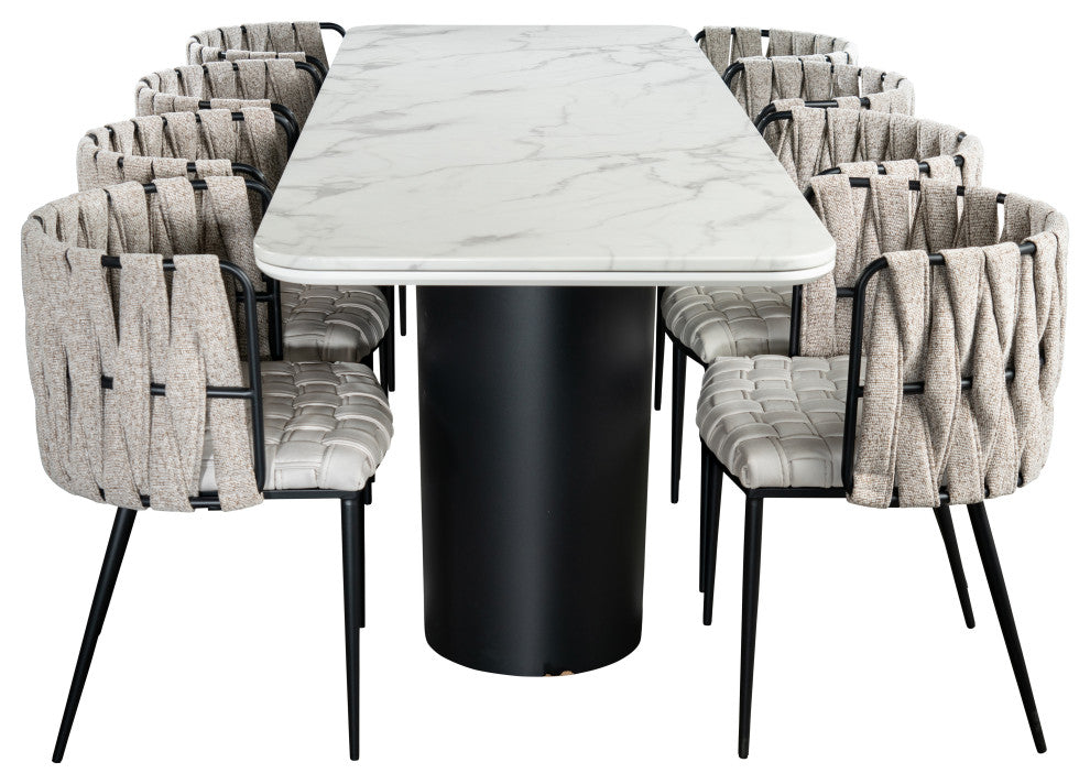 Balmain Marble Top Dining Set for 8, Off White Chairs