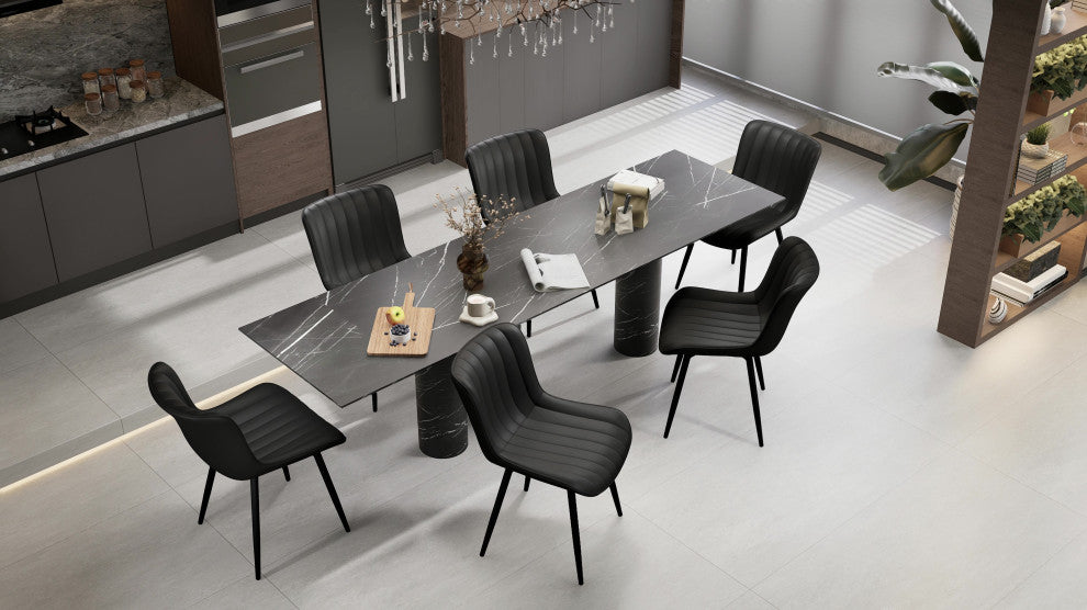 Younike Dining Chair Set of 2, Liner Pattern Faux Leather, Black