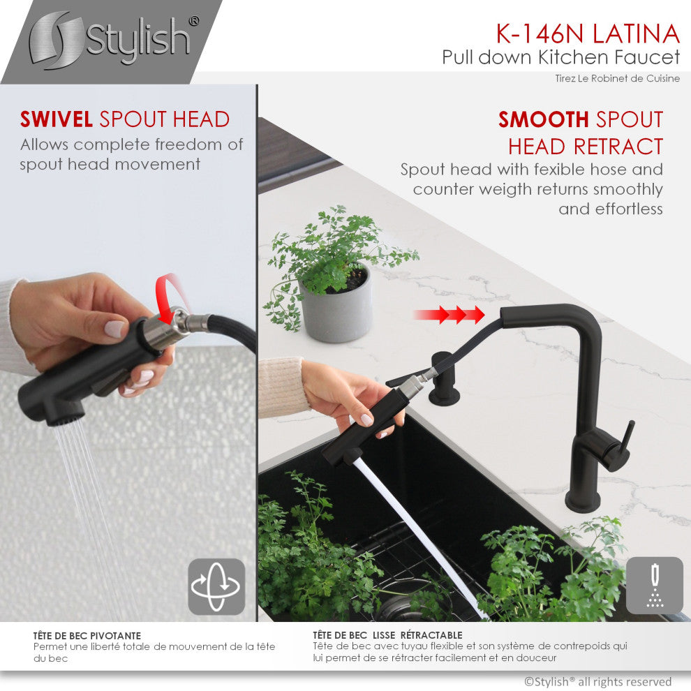 STYLISH Kitchen Sink Faucet Single Handle Pull Down Dual Mode Stainless Steel