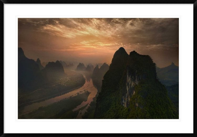 "Dawn At Li River" Framed Digital Print by Mieke Suharini, 44x30"