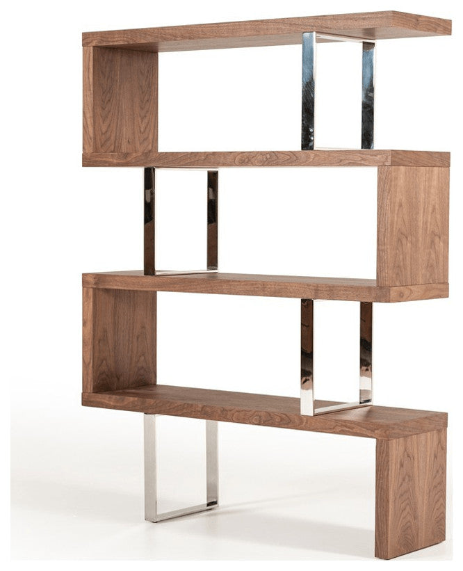 67" Walnut Manufactured Wood Four Tier Zig Zag Bookcase
