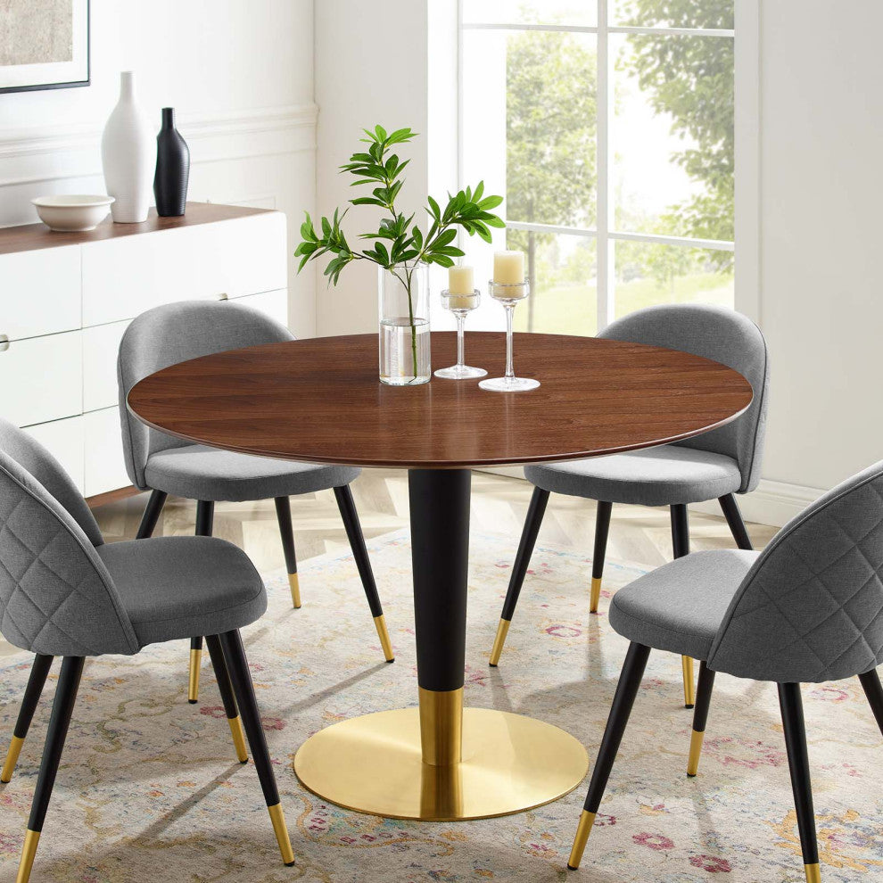 Dining Table, Round, Wood, Metal, Gold Brown Walnut, Modern, Restaurant