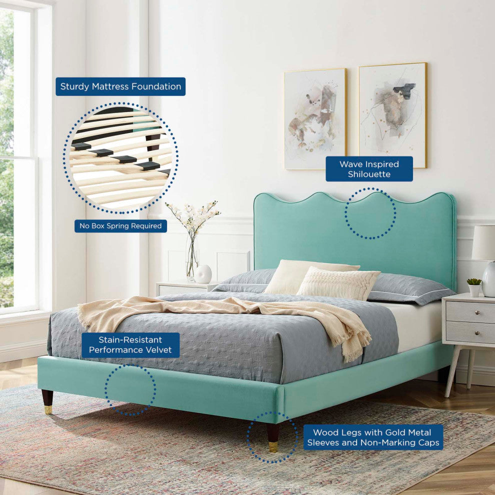 Platform Bed Frame, King Size, Blue, Velvet, Modern, Bedroom Master Guest Suite