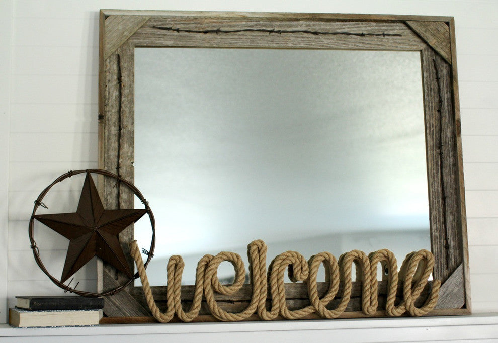 Rustic Mirror, Cornerblock Barnwood With Barbed Wire, 16x20