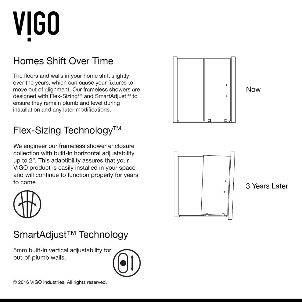 VIGO Ryland 62" to 64" W x 73" H Frameless Track Sliding Shower Door, Chrome, Clear Glass