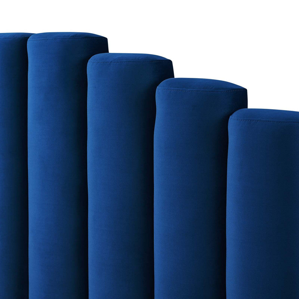 Platform Bed Frame, Queen Size, Velvet, Blue Navy, Modern Contemporary, Bedroom