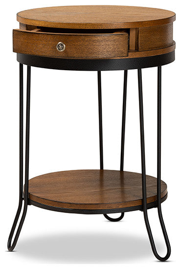 Vintage Rustic Industrial Walnut Brown Wood and Black 1-Drawer Metal End Table