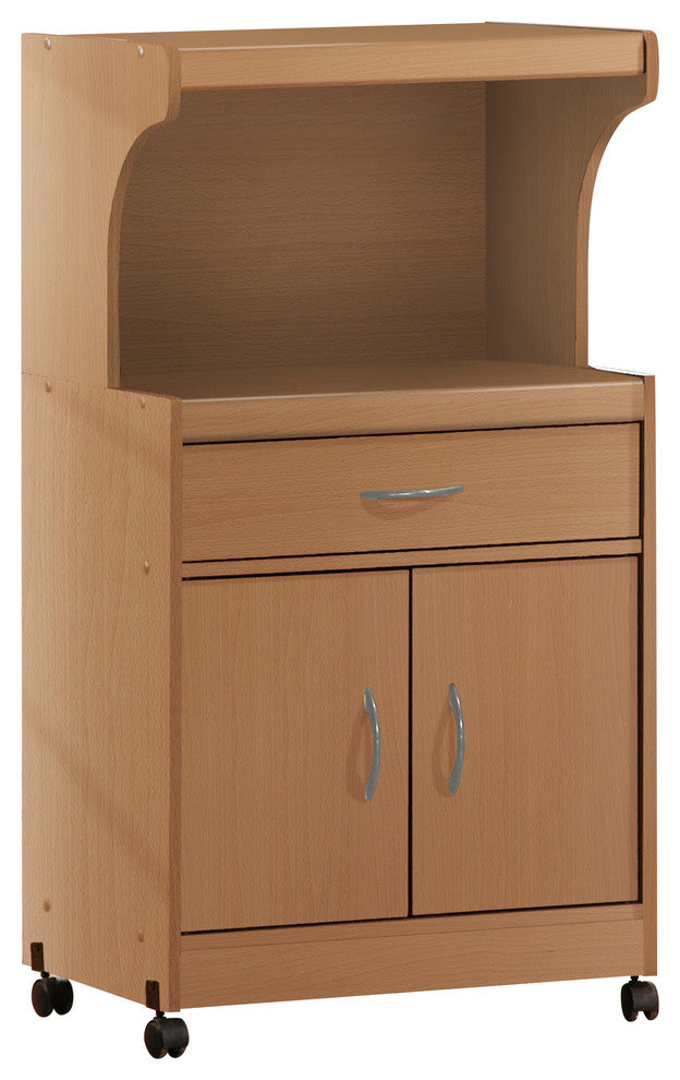 Hodedah Microwave Contemporary Wooden Kitchen Cart in Beige Finish