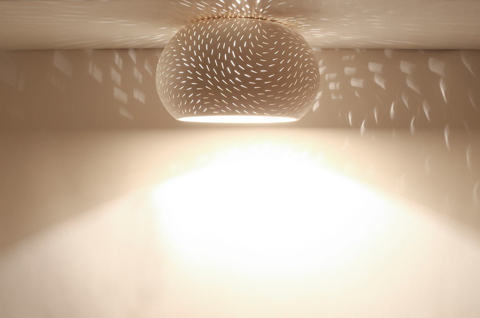 CLAYLIGHT FLUSH MOUNT 12": Minimal Lighting | Ceramic Hanging Lamp, Line Pattern, Incandescent Bulb