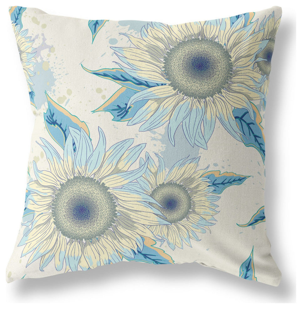 20" White Yellow Sunflower Indoor Outdoor Zippered Throw Pillow