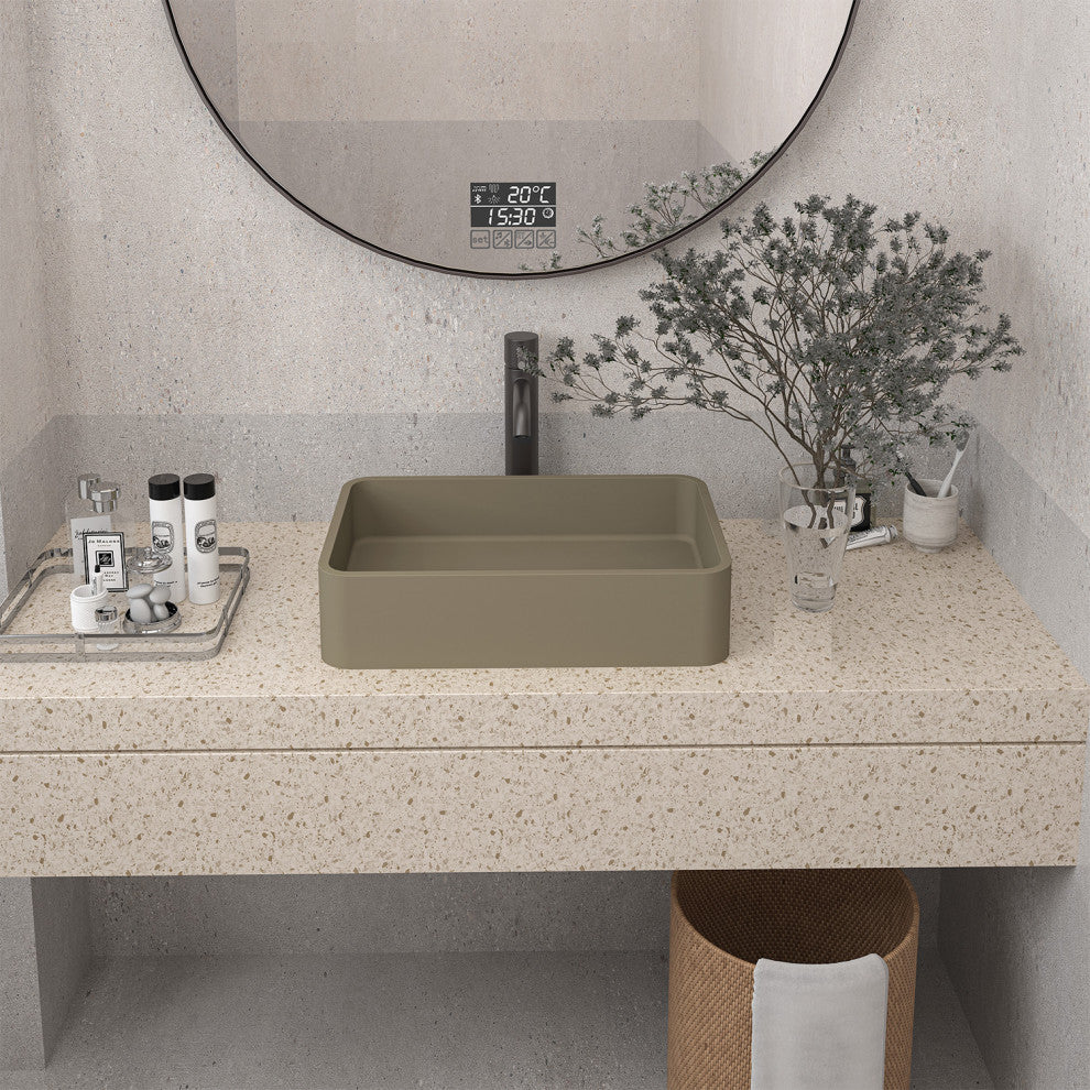 19in Bathroom Concrete Rectangular Vessel Sink with Drainer, Taupe Clay