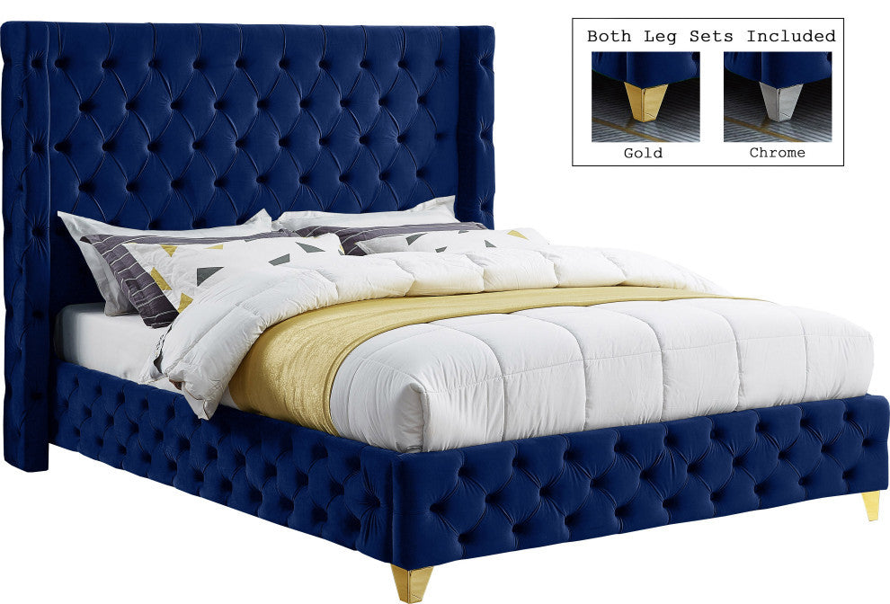 Savan Velvet Upholstered Bed, Navy, Queen