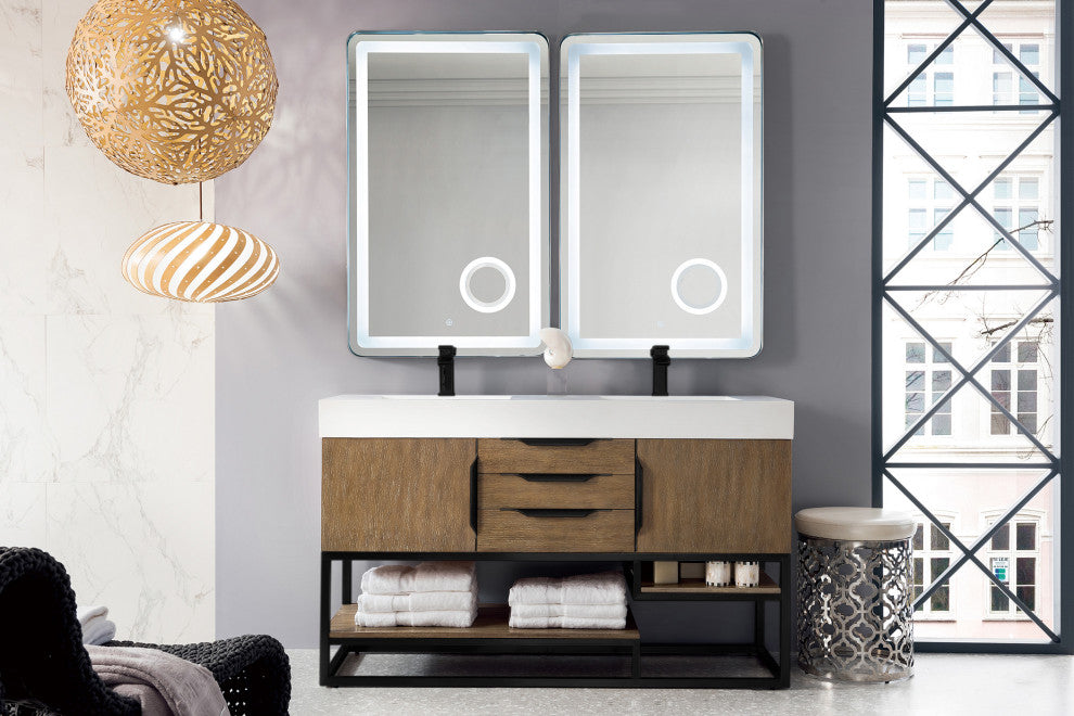 Columbia 59" Double Vanity, Latte Oak, Matte Black, Glossy White Composite Top