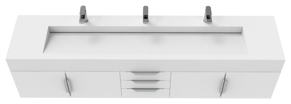 CastelloUSA Nile 84" Wall Mounted Bathroom Vanity Set, White, White Top, Brushed Nickel