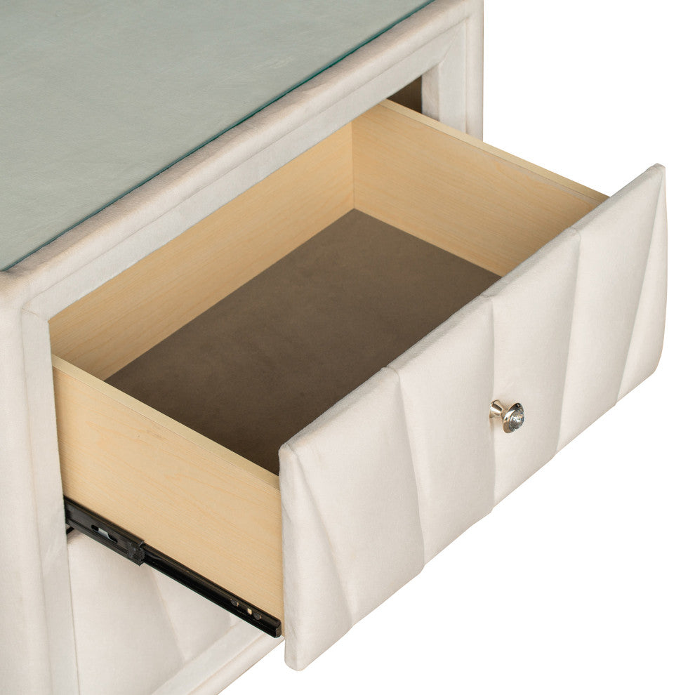 2-Drawer Wood Nightstand with Velvet Fabric and Glass Worktop, Beige