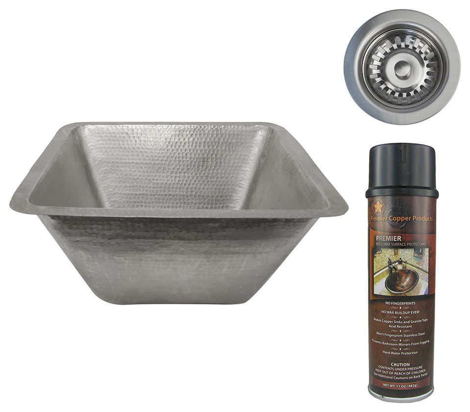 17" Large Square Hammered Copper Bar/Prep Sink, Nickel, Drain & Accessories