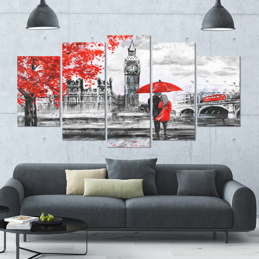Couples Walking in Paris, Landscape Canvas Art Print, 60"x32", 5 Panels
