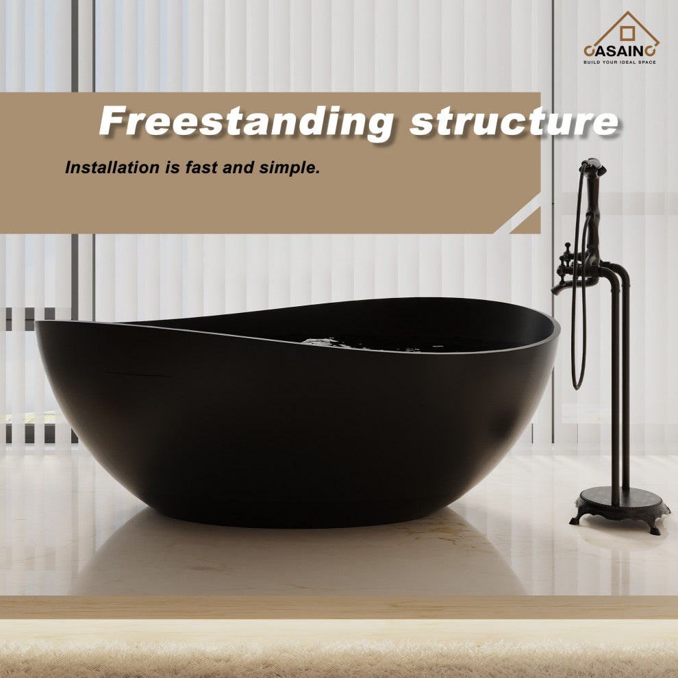 63in Solid Surface Freestanding Bathtub in Matte White, Matte Black