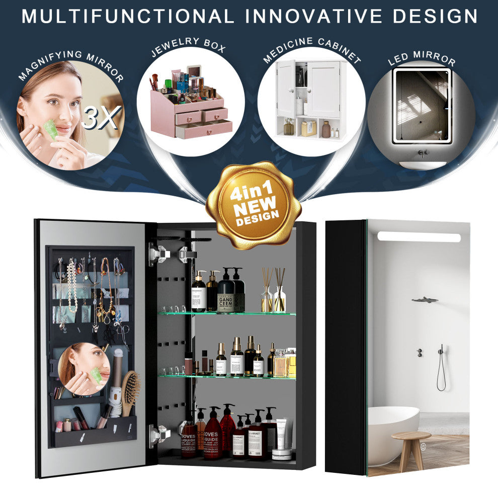 30" Aluminum Surface Mount 1-door Medicine Cabinet with Mirror and LED Lights