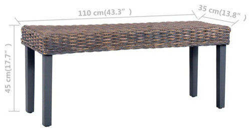vidaXL Solid Mango Wood Bench 43.3" Gray Natural Kubu Rattan Lounge Seating