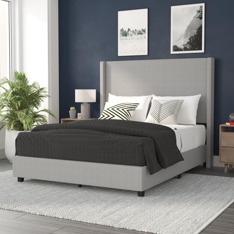 Quinn Upholstered Platform Bed with Channel Stitched Wingback Headboard, Gray, Queen