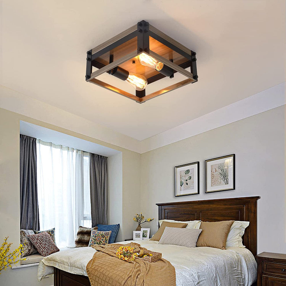 2 Light Flush Mount Ceiling Light Fixture Farmhouse Rust Black and Wood Ceiling