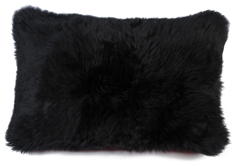 Natural 100% Sheepskin New Zealand Pillow, Black, 12"x20"
