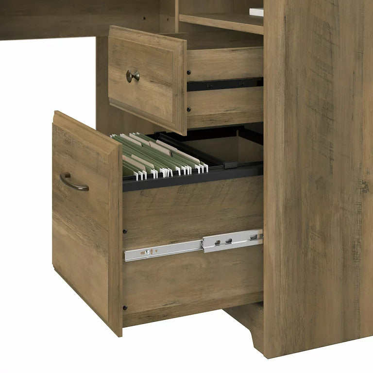 Corner Desk, 2 Drawers & Storage Cabinet With Fluted Glass Door, Reclaimed Pine