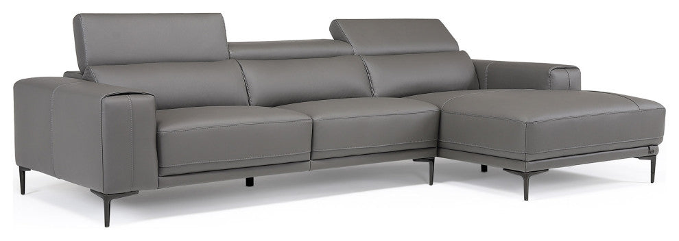 Rousso Slate Leather Sectional With Ratcheting Headrests, Right Chaise