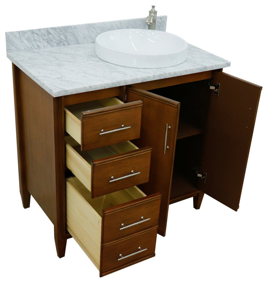 37" Single Vanity, Walnut Finish With White Carrara