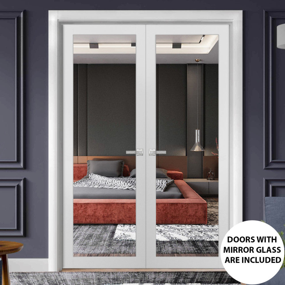 Interior French Double Doors|Lucia 1299 White Silk with Mirror -72x80