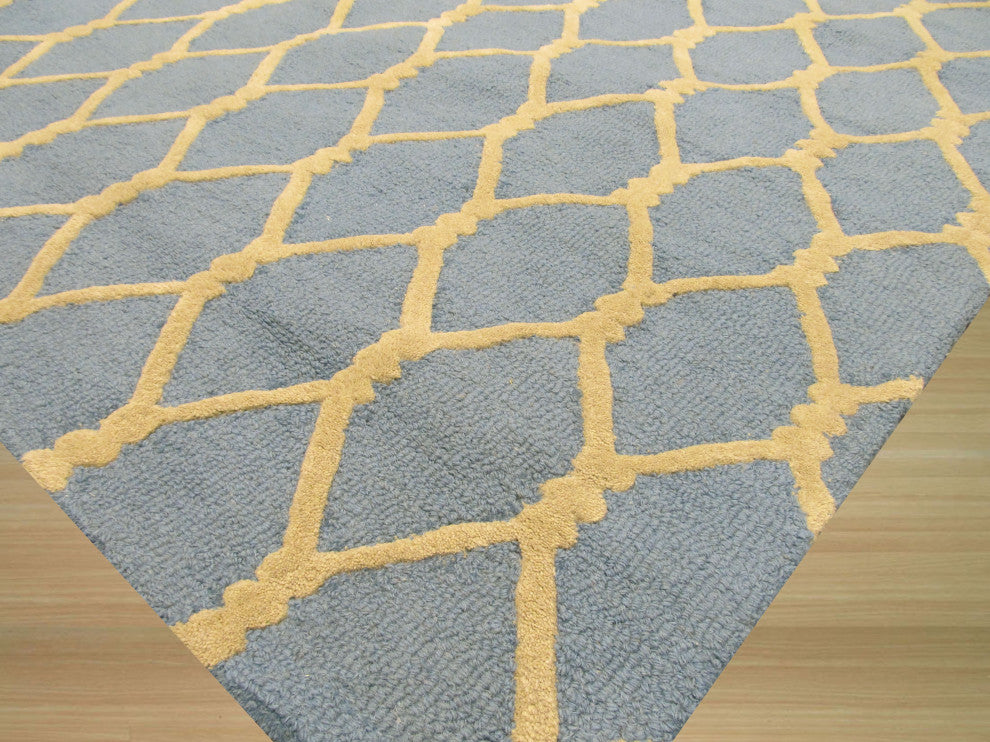 Hand-Tufted Wool Blue Transitional Geometric Chain-Link Rug, 7'9 X 9'9