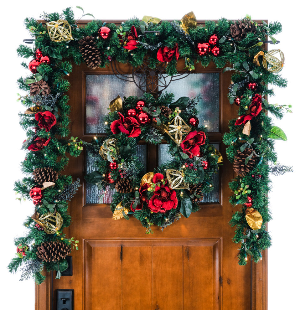 24" Lighted Christmas Wreath, Red Magnolia