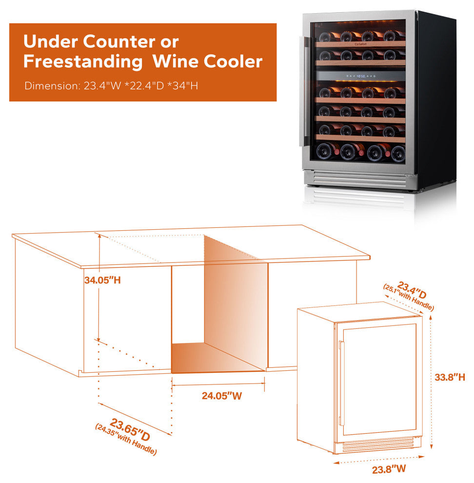 Ca"™Lefort 24" Wine Fridge: 46 Bottle Dual Zone Cooler, 40-65Â°F, Glass Door