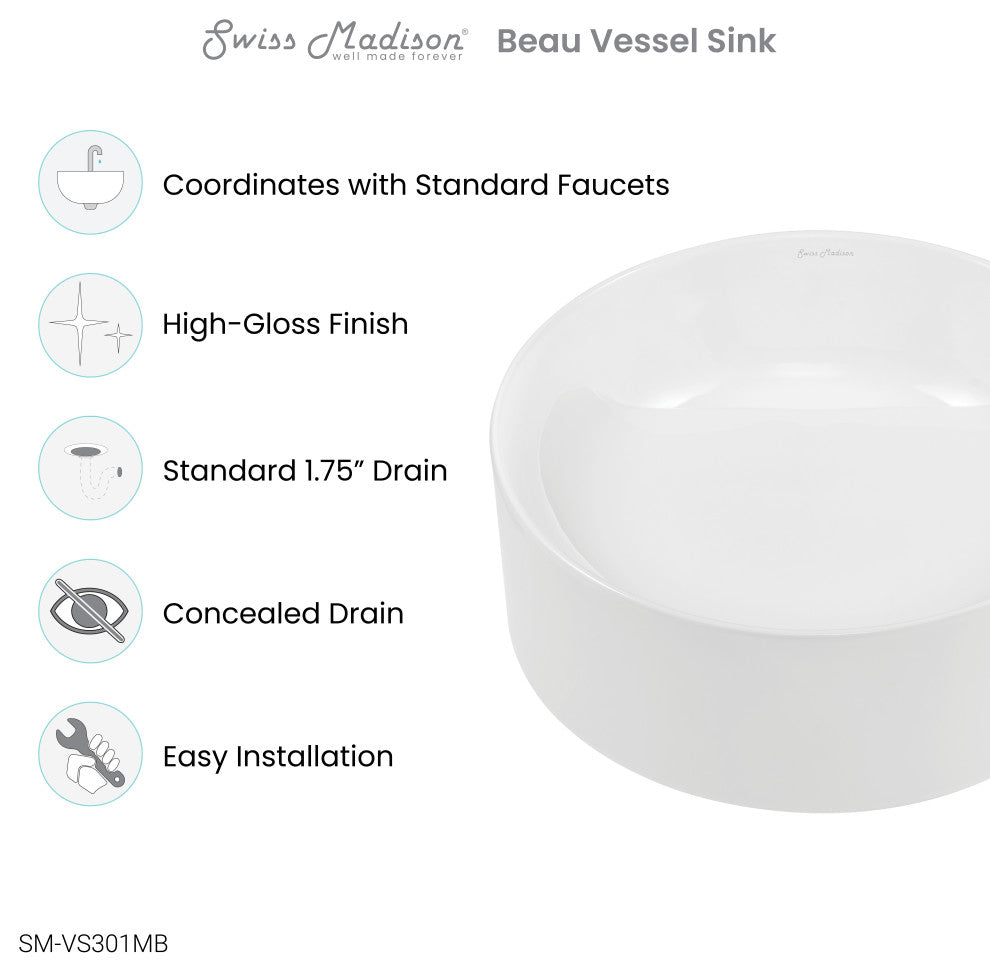 Beau 16.5" Round Vessel Bathroom Sink, Glossy White