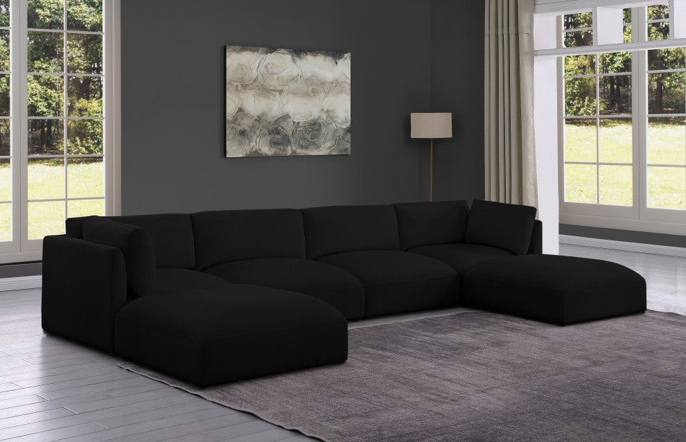 Ease Polyester Upholstered U-Shaped Modular Sectional, Black, 4 Piece: 2 Corner, 2 Armless, 2 Ottoman