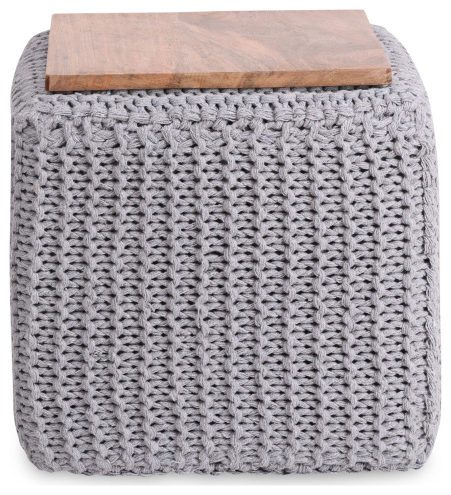 Loft Lyfe Roxy Ottoman, Hand Knitted, Wooden Tray, Cotton Yarn, Light Gray