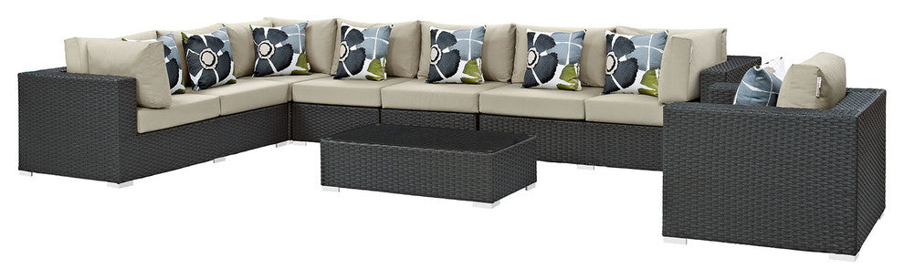 Sojourn 7 Piece Outdoor Patio Sunbrella Sectional Set, Chocolate Beige