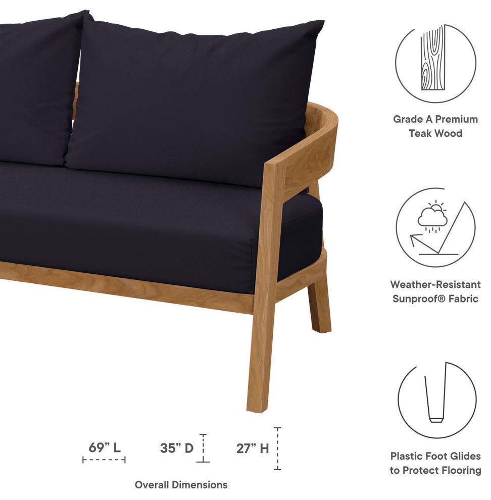 Sectional Sofa Chair Table Set, Blue Navy Natural, Teak Wood, Outdoor Patio