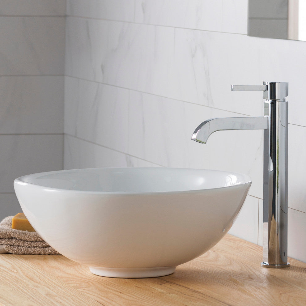 Elavo Round Ceramic Vessel Sink, Bathroom Ramus Faucet, PU Drain, Chrome