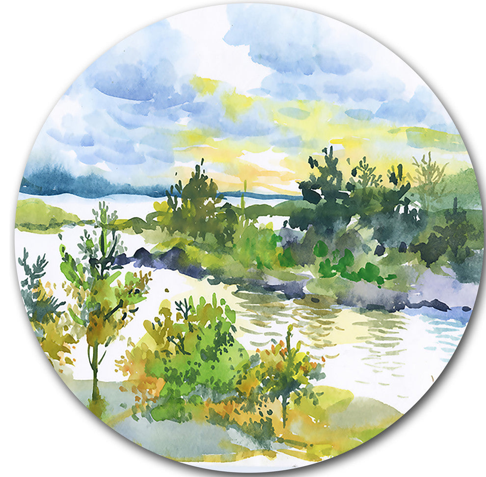 Autumn Forest And Lake Watercolor, Landscape Disc Metal Wall Art, 36"