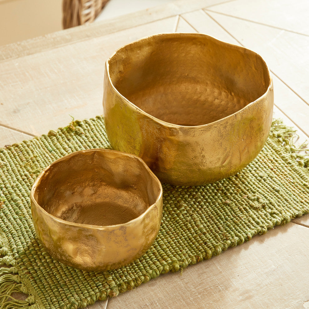 Set of 2 Elegant Free Form Textured Gold Planters Cachepots Round Organic Shape
