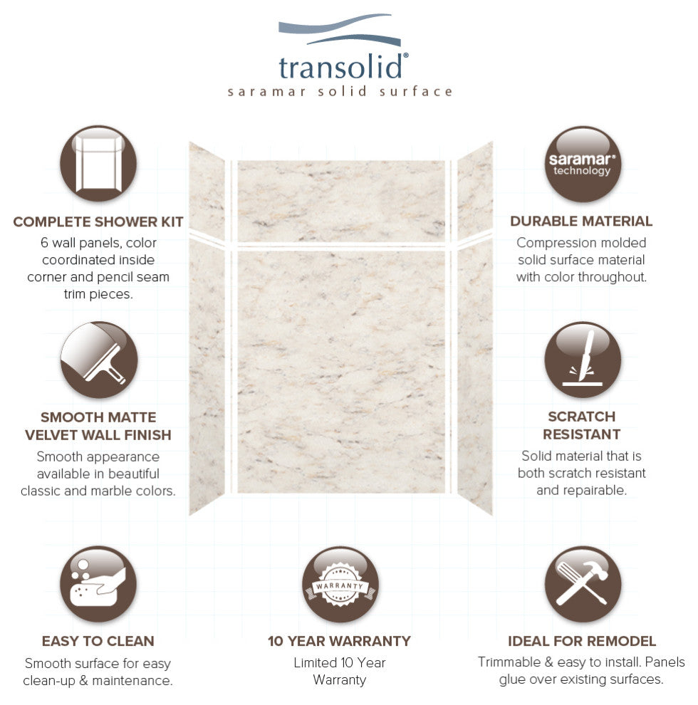 Transolid SaraMar 60"x36"x96" 6-Piece Shower Wall Kit, Biscotti Marble Velvet